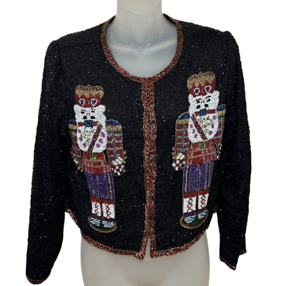 Lawrence Kazar Nutcracker Beaded Silk Christmas Cardigan  PM Petite Medium - Picture 1 of 13